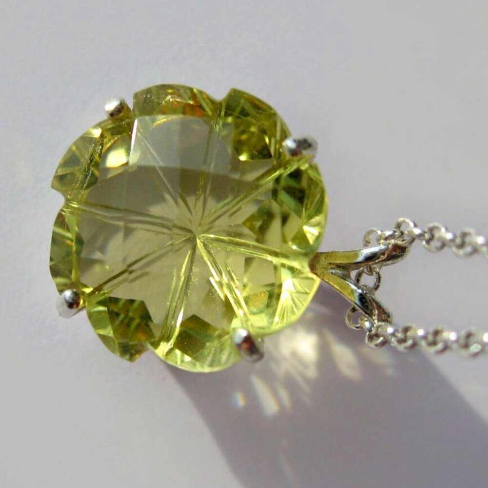 Lime Lemon Quartz Carved Flower Pendant In Sterling Silver Chain included